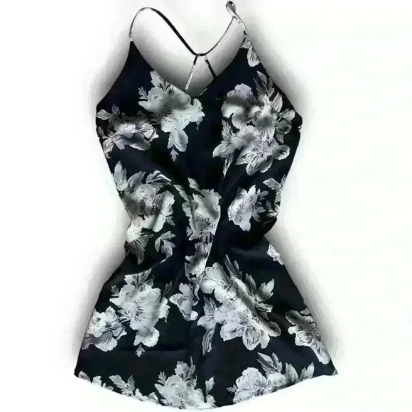 Black satin slip floral graphic print babydoll sun dress crisscross tied straps - Picture 1 of 5